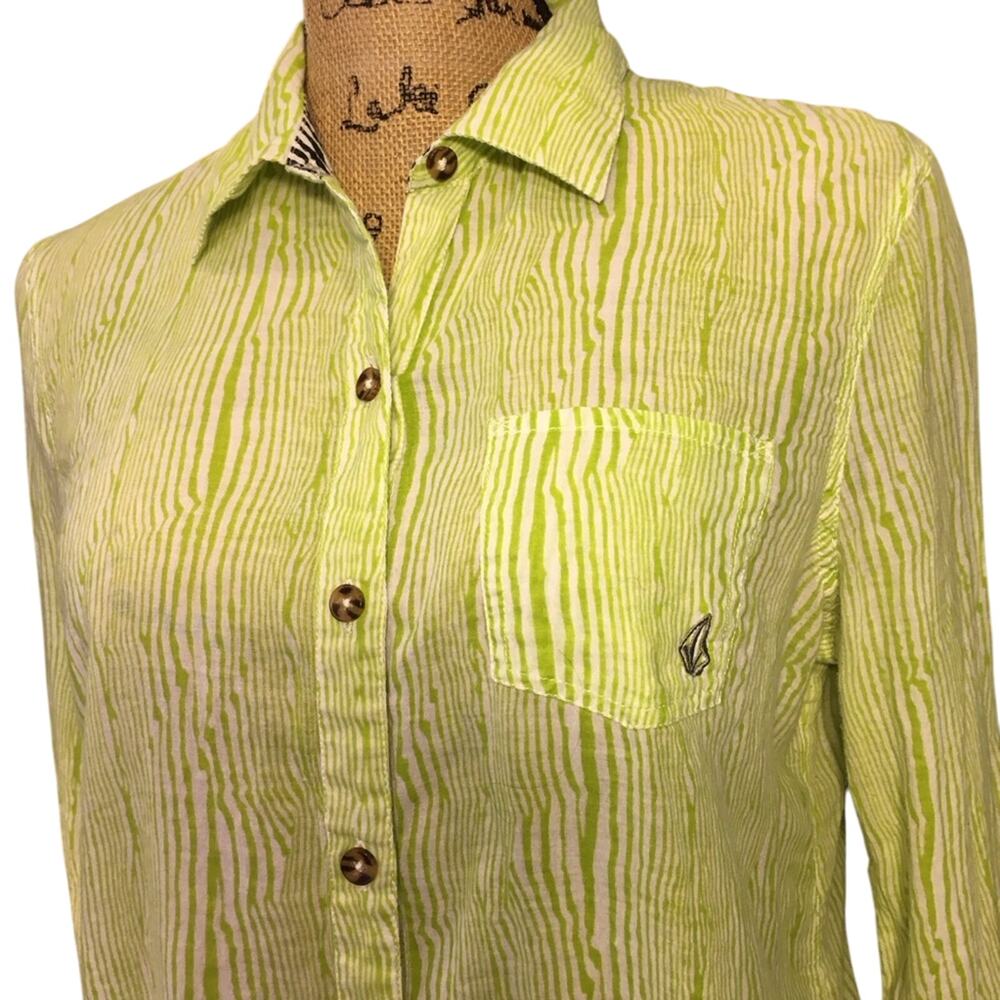 Vintage Y2k Volcom Lime Green Cream Long Sleeve Shirt Top Stitch Accents - Picture 15 of 16